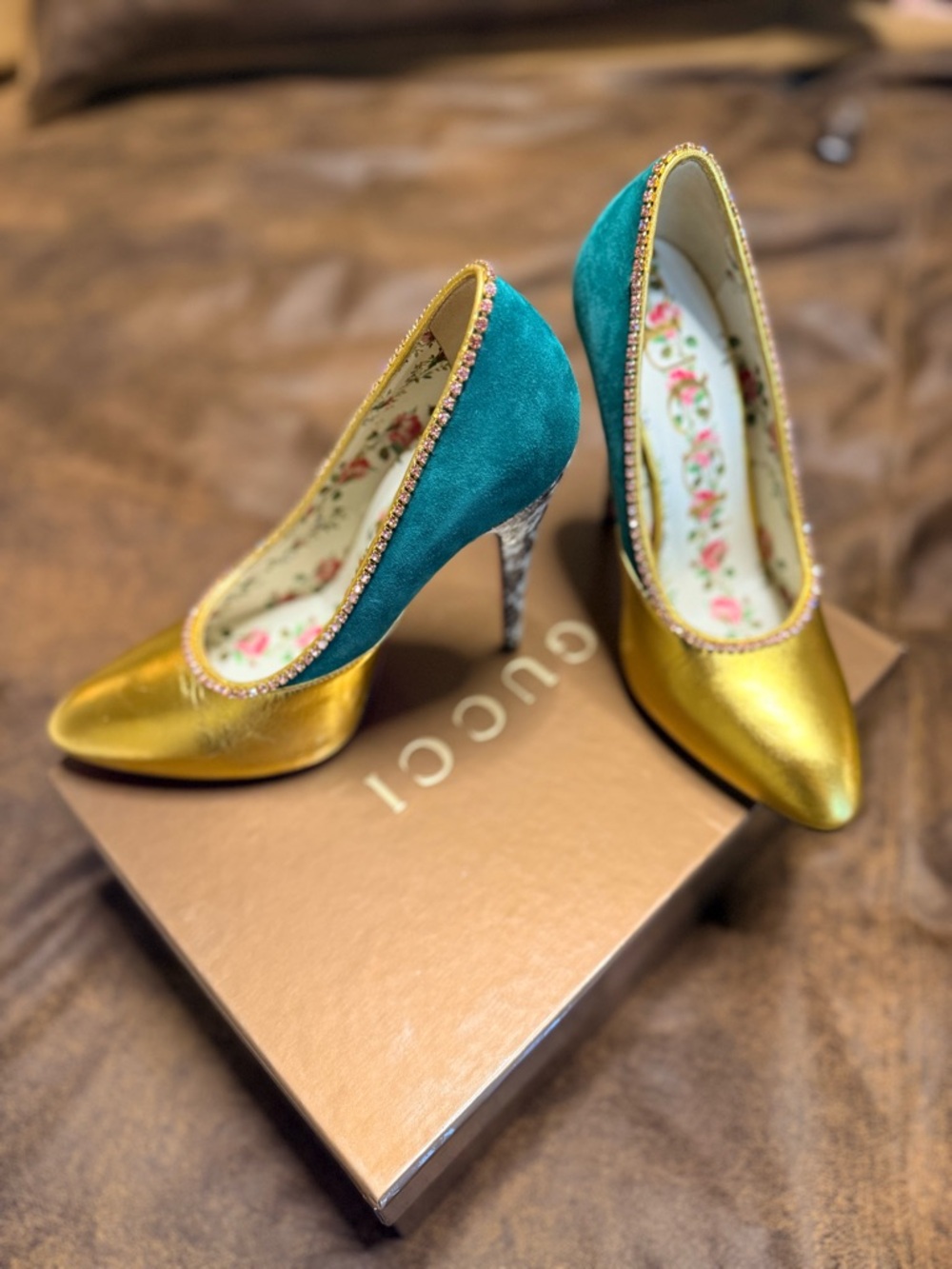 Gucci Teal Satin and Gold Pointed Toe Pumps with Crystal Trim